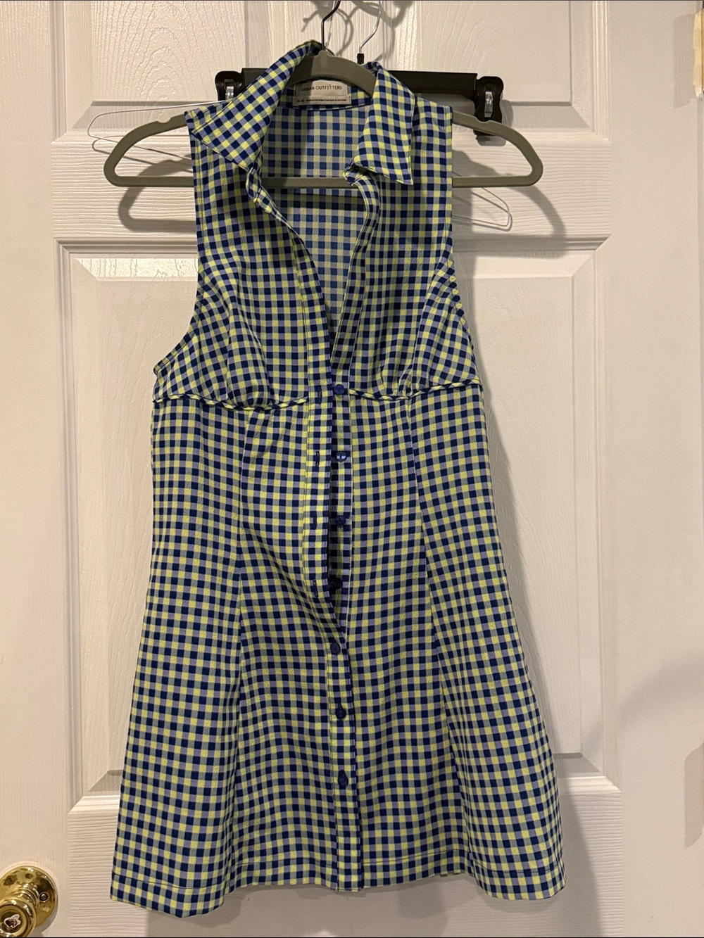 Urban Outfitters Blue and Yellow Gingham Sleeveless Button-Front Dress